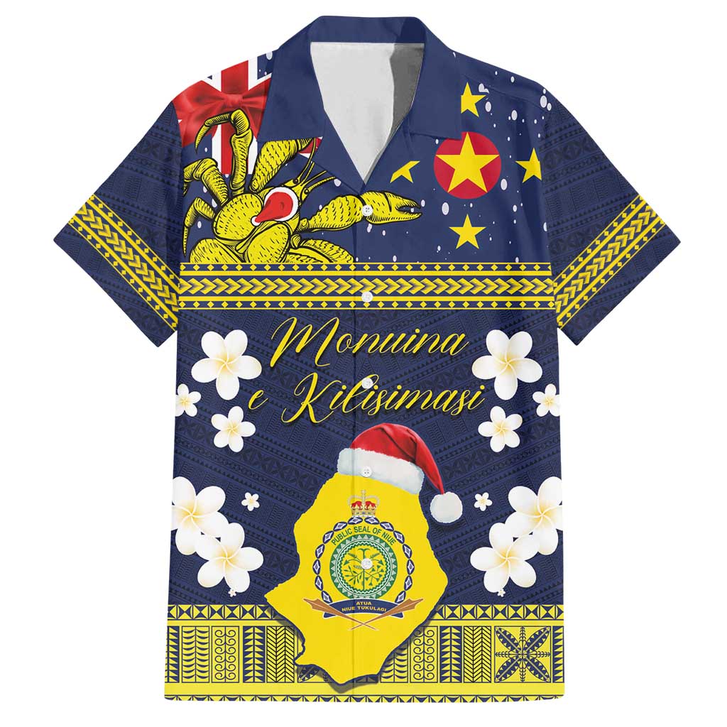 Niue Monuina e Kilisimasi Family Matching Long Sleeve Bodycon Dress and Hawaiian Shirt Christmas Uga - Niue Map and Emblem with Hiapo Art Pattern LT03 Dad's Shirt - Short Sleeve Yellow - Polynesian Pride