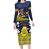 Niue Monuina e Kilisimasi Family Matching Long Sleeve Bodycon Dress and Hawaiian Shirt Christmas Uga - Niue Map and Emblem with Hiapo Art Pattern LT03 Mom's Dress Yellow - Polynesian Pride