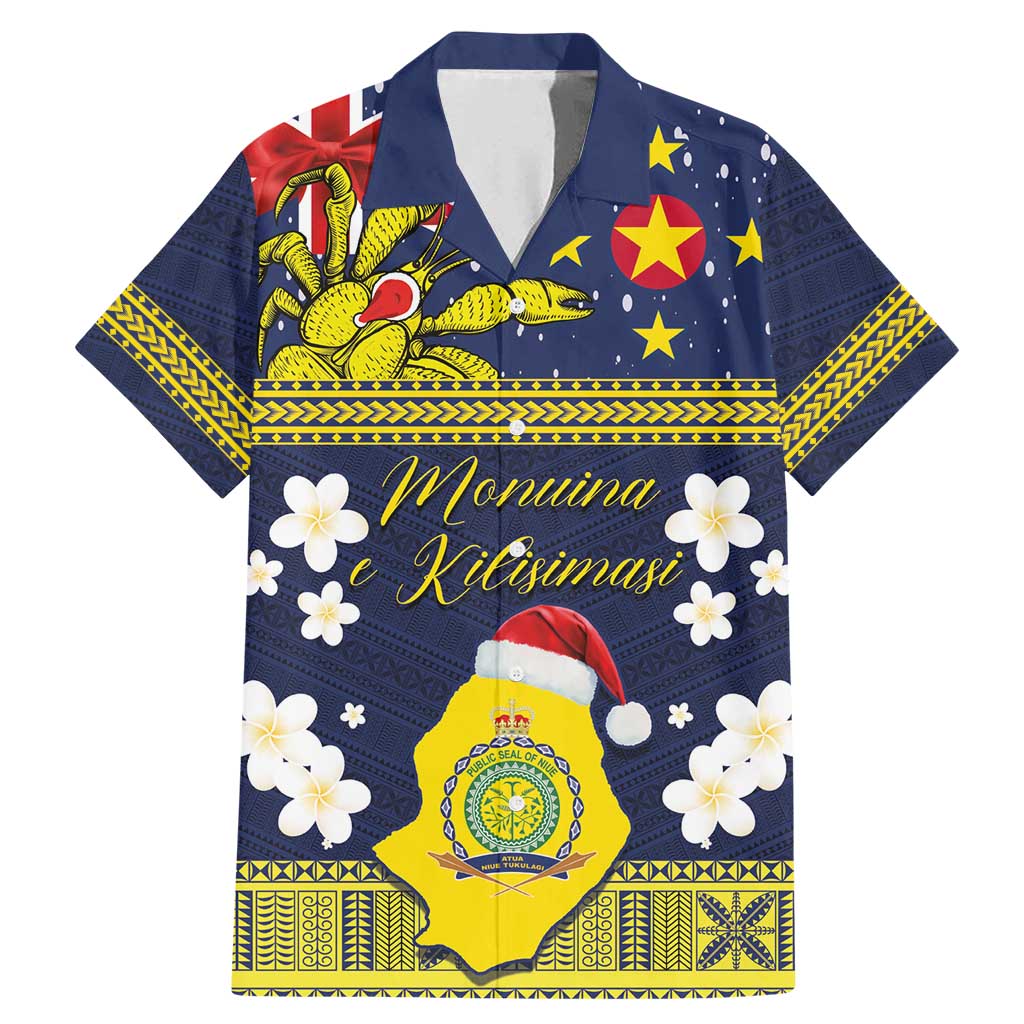 Niue Monuina e Kilisimasi Family Matching Mermaid Dress and Hawaiian Shirt Christmas Uga - Niue Map and Emblem with Hiapo Art Pattern LT03 Dad's Shirt - Short Sleeve Yellow - Polynesian Pride