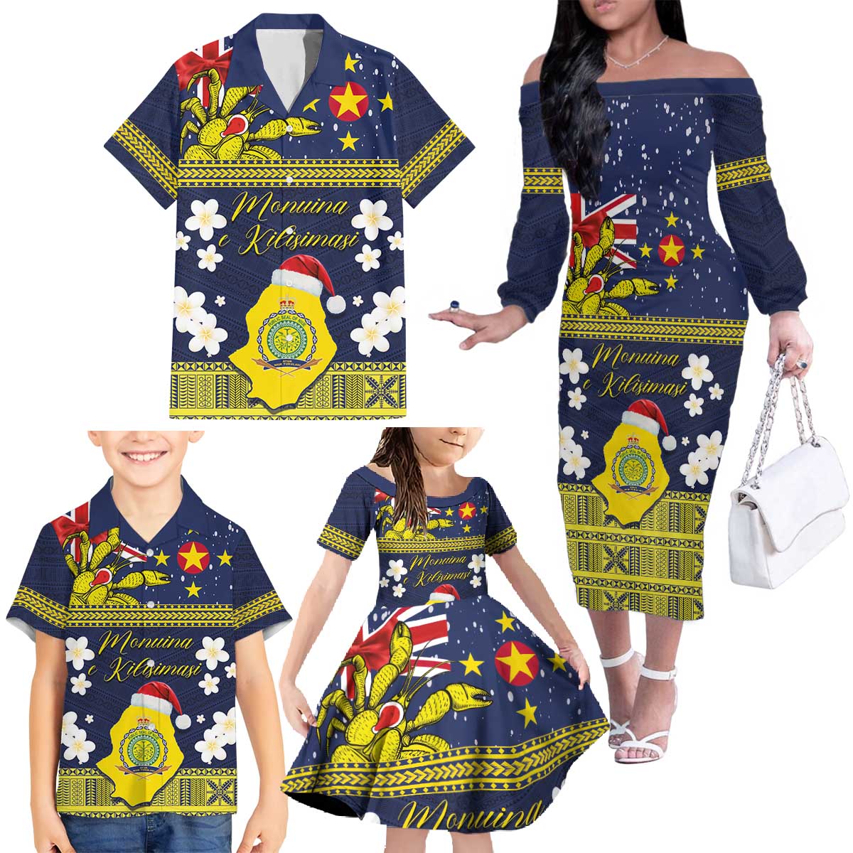 Niue Monuina e Kilisimasi Family Matching Off The Shoulder Long Sleeve Dress and Hawaiian Shirt Christmas Uga - Niue Map and Emblem with Hiapo Art Pattern LT03 - Polynesian Pride