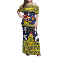 Niue Monuina e Kilisimasi Family Matching Off Shoulder Maxi Dress and Hawaiian Shirt Christmas Uga - Niue Map and Emblem with Hiapo Art Pattern LT03 Mom's Dress Yellow - Polynesian Pride