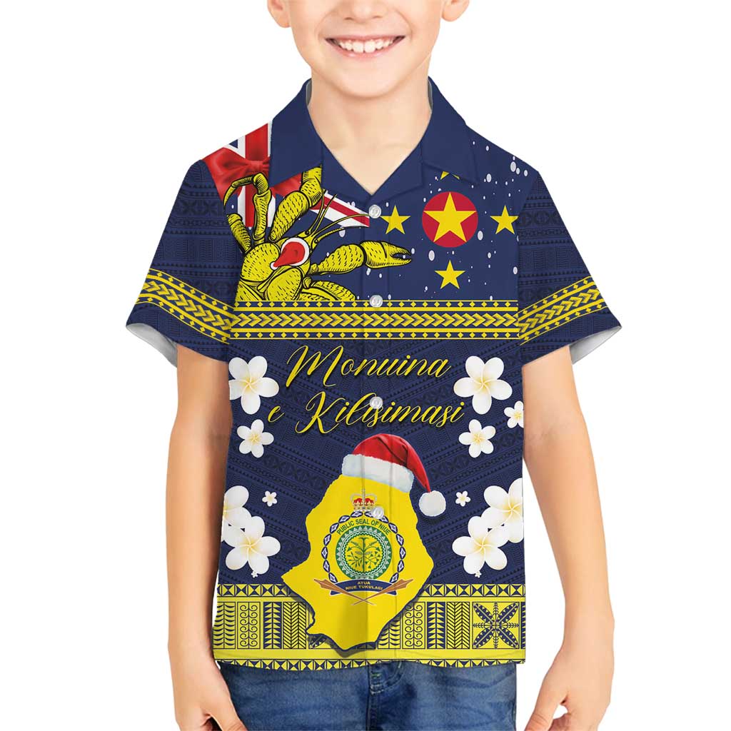 Niue Monuina e Kilisimasi Family Matching Off Shoulder Maxi Dress and Hawaiian Shirt Christmas Uga - Niue Map and Emblem with Hiapo Art Pattern LT03 Son's Shirt Yellow - Polynesian Pride