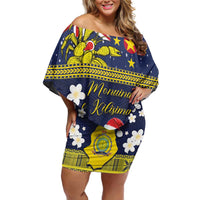 Niue Monuina e Kilisimasi Family Matching Off Shoulder Short Dress and Hawaiian Shirt Christmas Uga - Niue Map and Emblem with Hiapo Art Pattern LT03 Mom's Dress Yellow - Polynesian Pride
