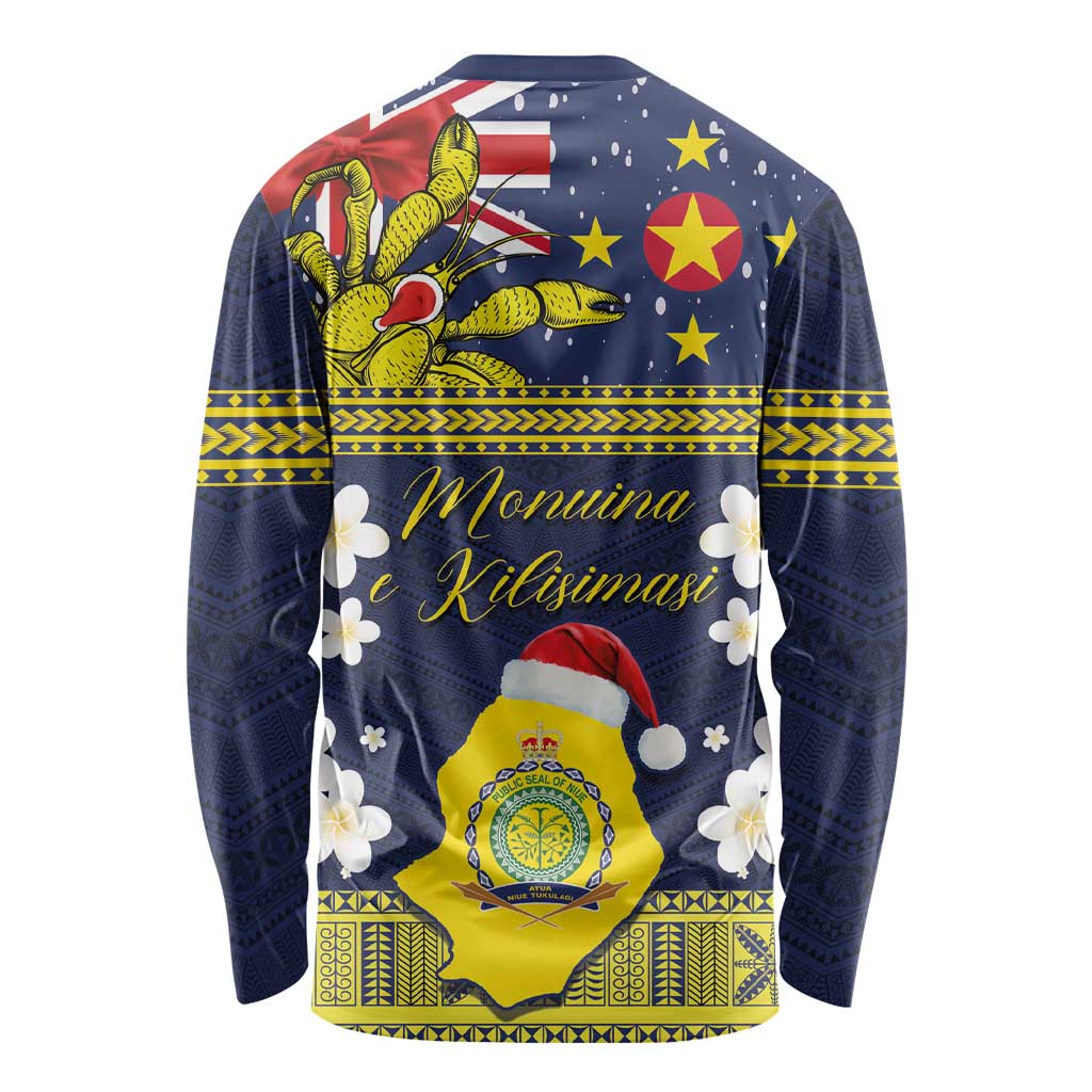 Niue Monuina e Kilisimasi Long Sleeve Shirt Christmas Uga - Niue Map and Emblem with Hiapo Art Pattern LT03 - Polynesian Pride