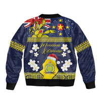 Niue Monuina e Kilisimasi Sleeve Zip Bomber Jacket Christmas Uga - Niue Map and Emblem with Hiapo Art Pattern