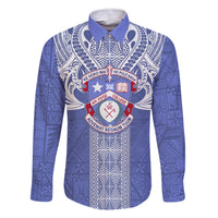 Tonga Apifoou School Family Matching Off Shoulder Maxi Dress and Hawaiian Shirt Ngatu and Polynesian Pattern LT03 Dad's Shirt - Long Sleeve Blue - Polynesian Pride