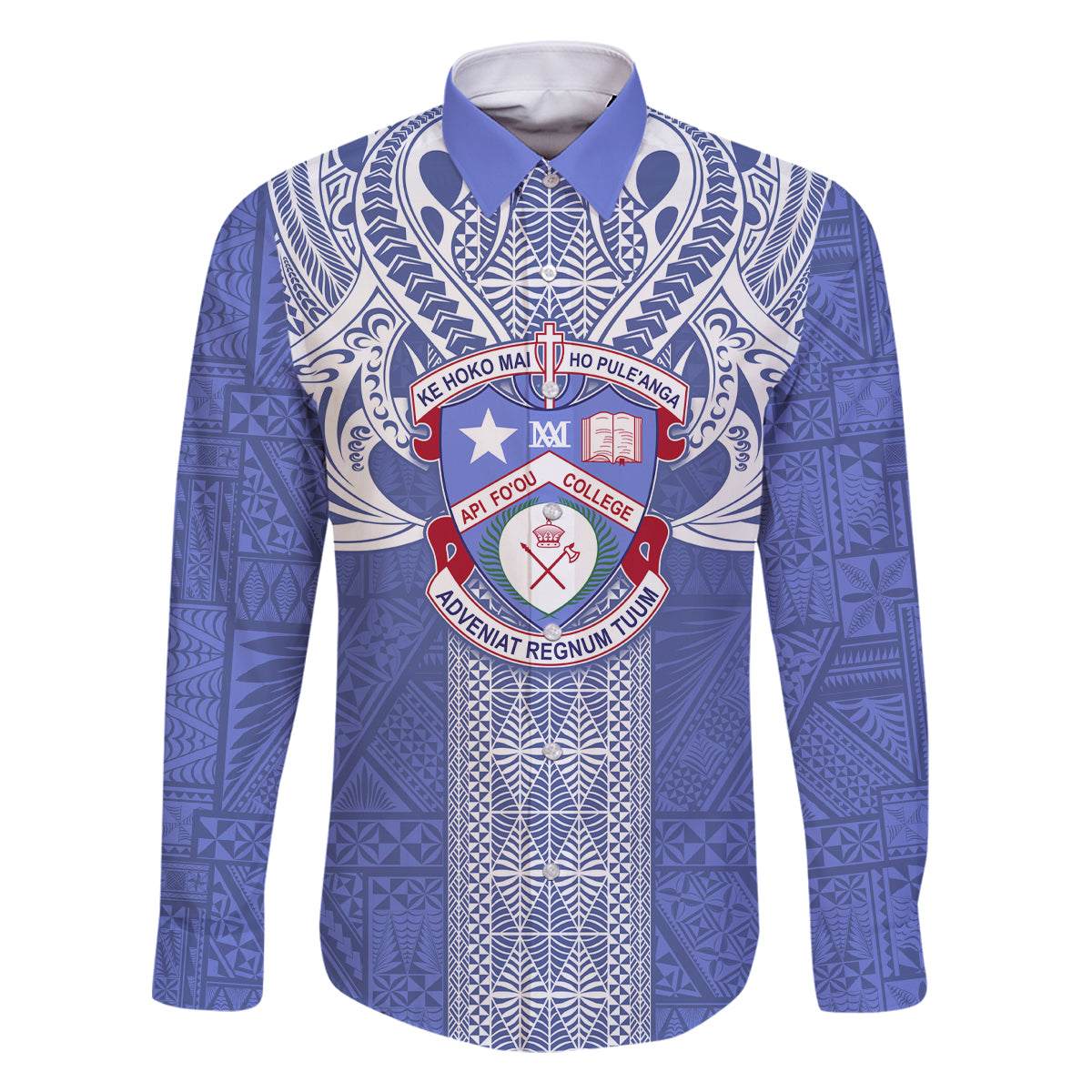 Tonga Apifoou School Family Matching Off Shoulder Short Dress and Hawaiian Shirt Ngatu and Polynesian Pattern LT03 Dad's Shirt - Long Sleeve Blue - Polynesian Pride