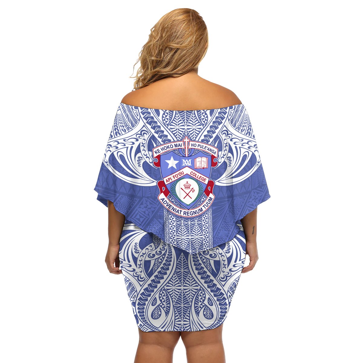 Tonga Apifoou School Off Shoulder Short Dress Ngatu and Polynesian Pattern LT03 - Polynesian Pride