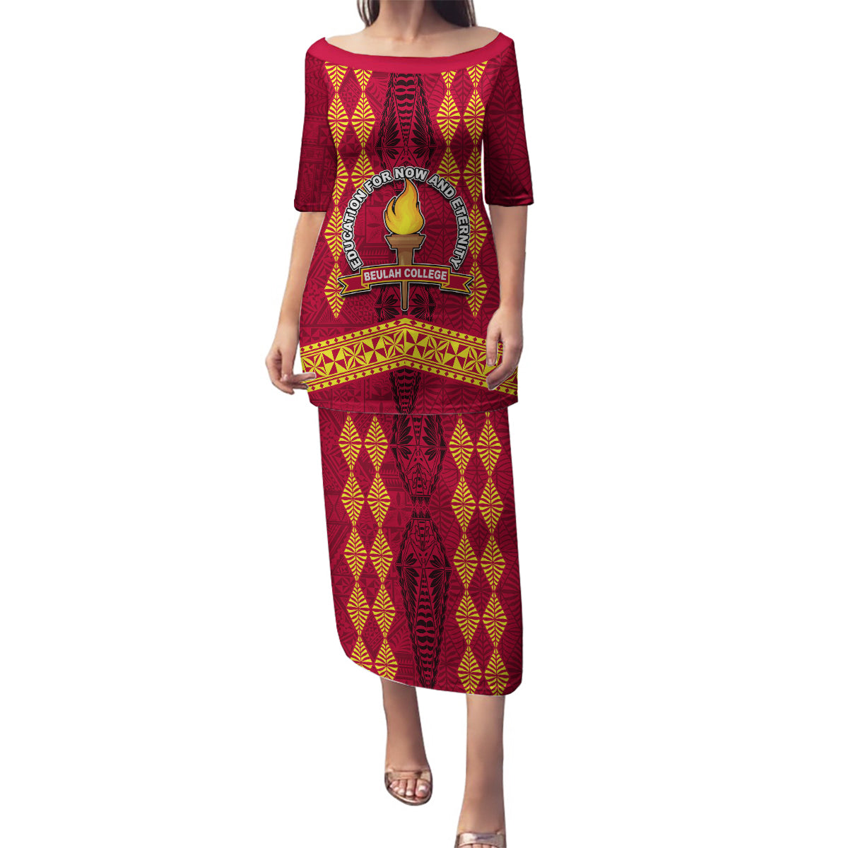 Tonga Beulah College Family Matching Puletasi Dress and Hawaiian Shirt Ngatu and Polynesian Pattern LT03 Mom's Dress Red - Polynesian Pride