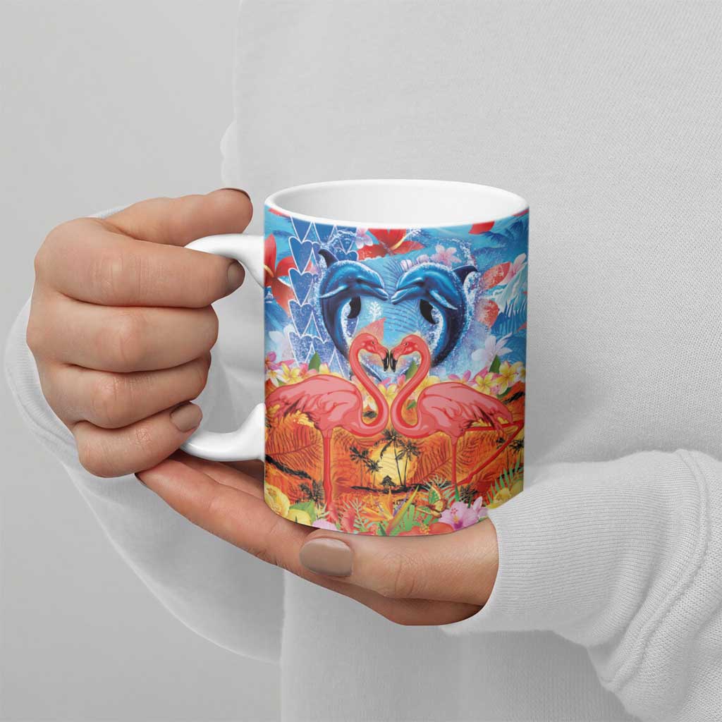 Hawaiian Love-Couple Dolphins and Flamingos Ceramic Mug - Polynesian Pride