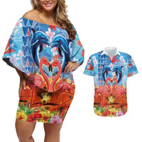Hawaiian Love-Couple Dolphins and Flamingos Couples Matching Off Shoulder Short Dress and Hawaiian Shirt LT03 Multicolor - Polynesian Pride