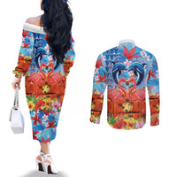Hawaiian Love-Couple Dolphins and Flamingos Couples Matching Off The Shoulder Long Sleeve Dress and Long Sleeve Button Shirt LT03 - Polynesian Pride
