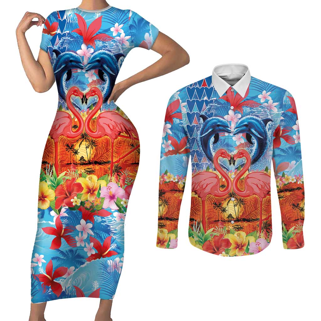 Hawaiian Love-Couple Dolphins and Flamingos Couples Matching Short Sleeve Bodycon Dress and Long Sleeve Button Shirt LT03 Multicolor - Polynesian Pride