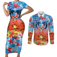 Hawaiian Love-Couple Dolphins and Flamingos Couples Matching Short Sleeve Bodycon Dress and Long Sleeve Button Shirt LT03 Multicolor - Polynesian Pride