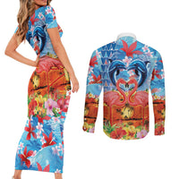 Hawaiian Love-Couple Dolphins and Flamingos Couples Matching Short Sleeve Bodycon Dress and Long Sleeve Button Shirt LT03 - Polynesian Pride