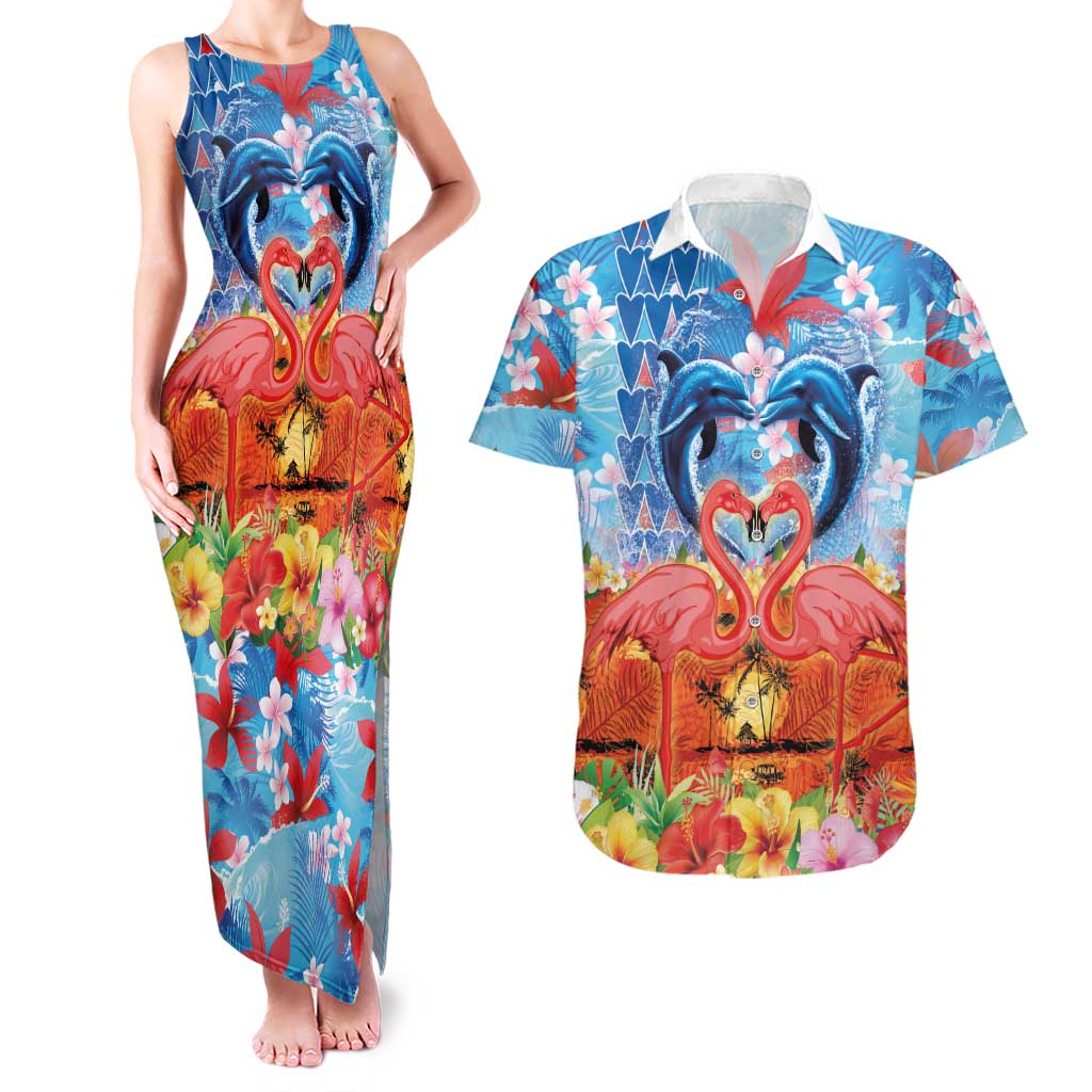 Hawaiian Love-Couple Dolphins and Flamingos Couples Matching Tank Maxi Dress and Hawaiian Shirt LT03 Multicolor - Polynesian Pride