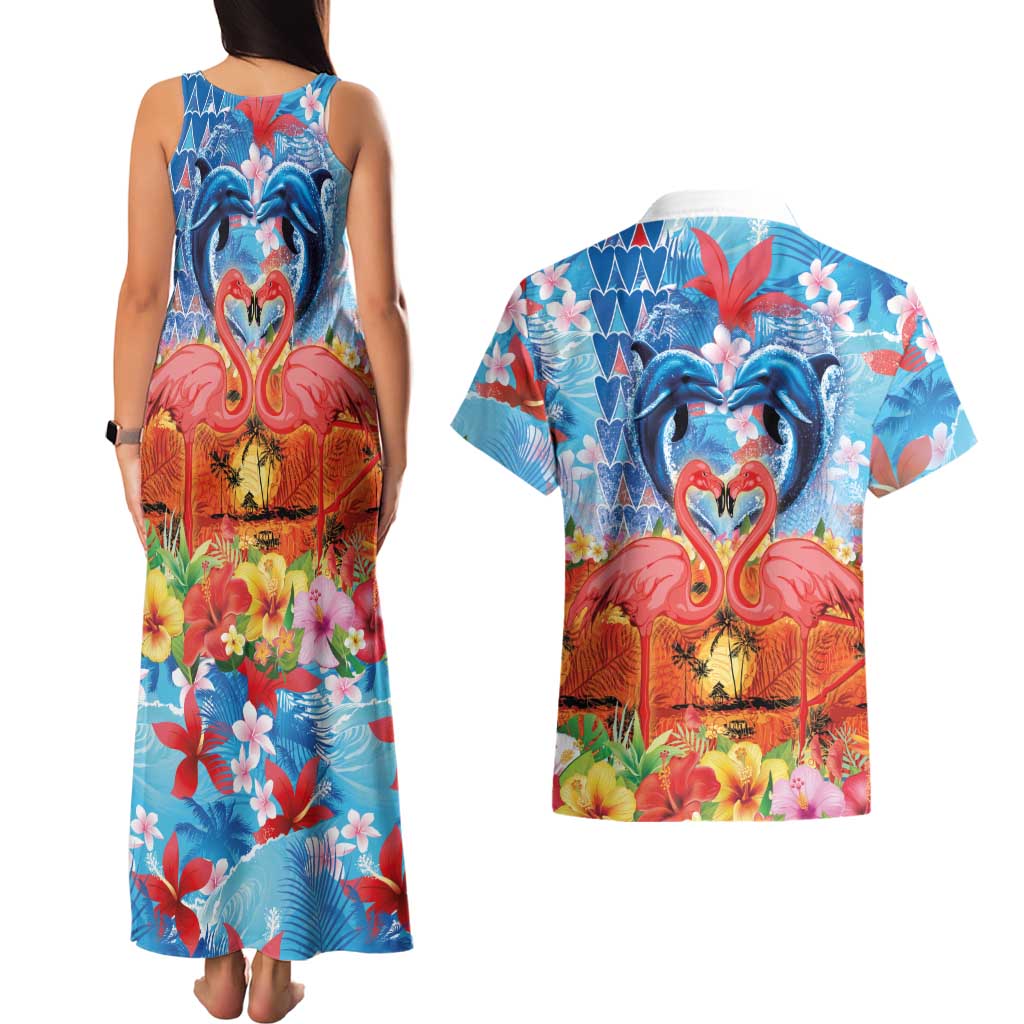 Hawaiian Love-Couple Dolphins and Flamingos Couples Matching Tank Maxi Dress and Hawaiian Shirt LT03 - Polynesian Pride