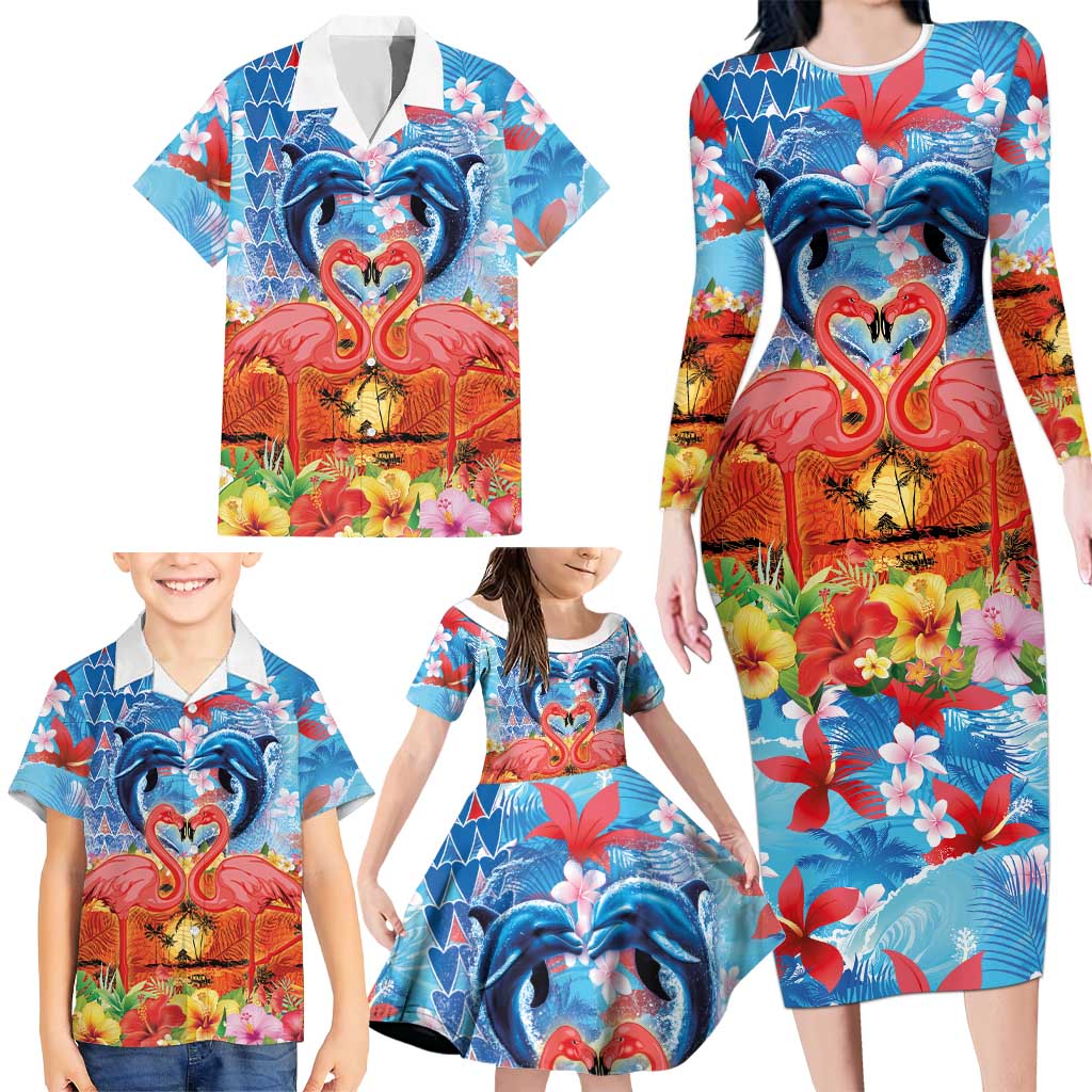Hawaiian Love-Couple Dolphins and Flamingos Family Matching Long Sleeve Bodycon Dress and Hawaiian Shirt LT03 - Polynesian Pride