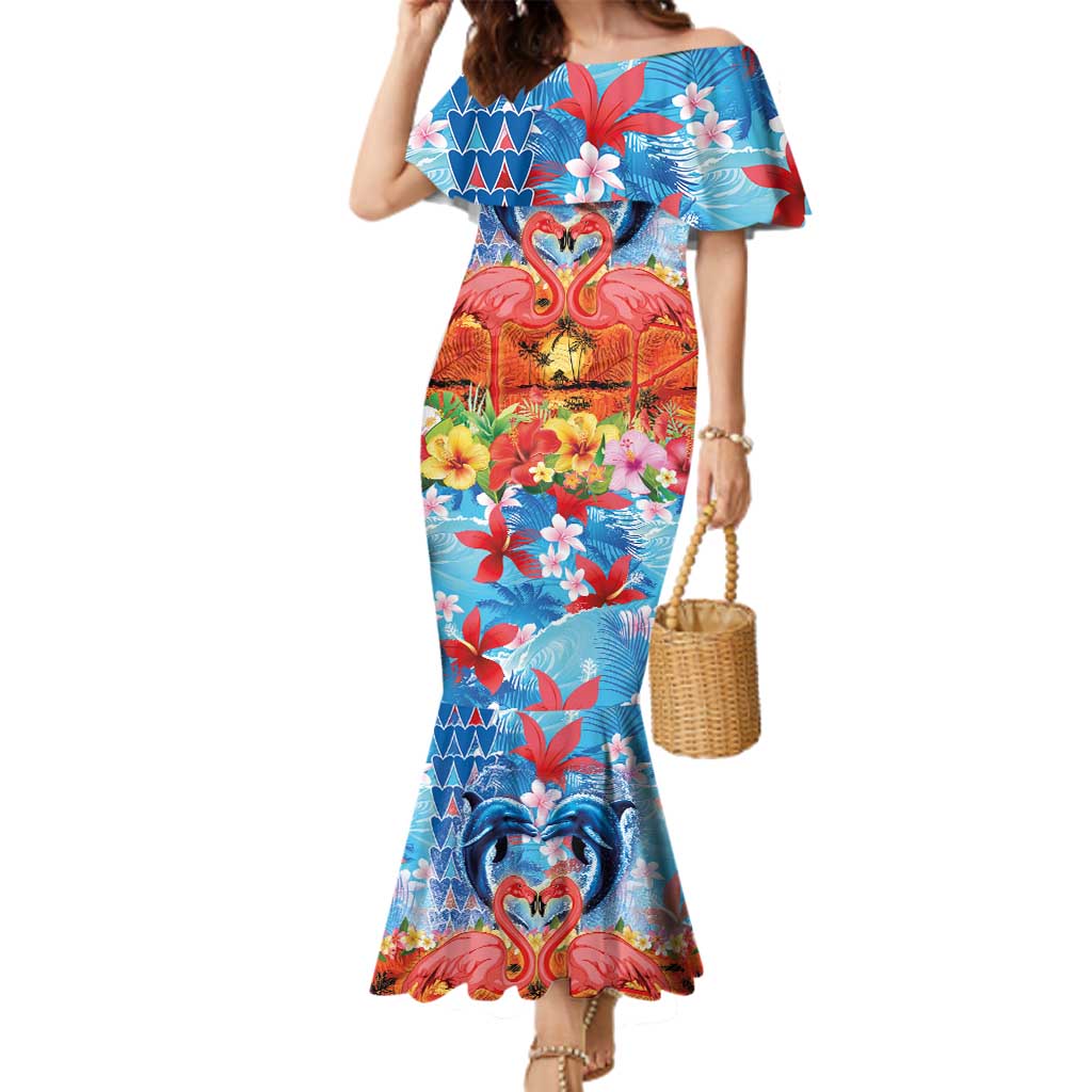 Hawaiian Love-Couple Dolphins and Flamingos Family Matching Mermaid Dress and Hawaiian Shirt LT03 Mom's Dress Multicolor - Polynesian Pride