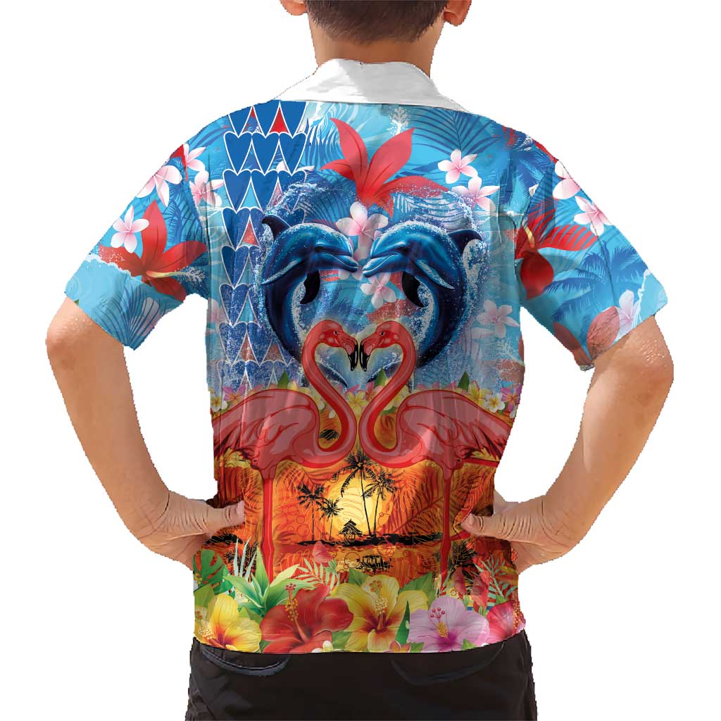 Hawaiian Love-Couple Dolphins and Flamingos Family Matching Off Shoulder Maxi Dress and Hawaiian Shirt LT03 - Polynesian Pride