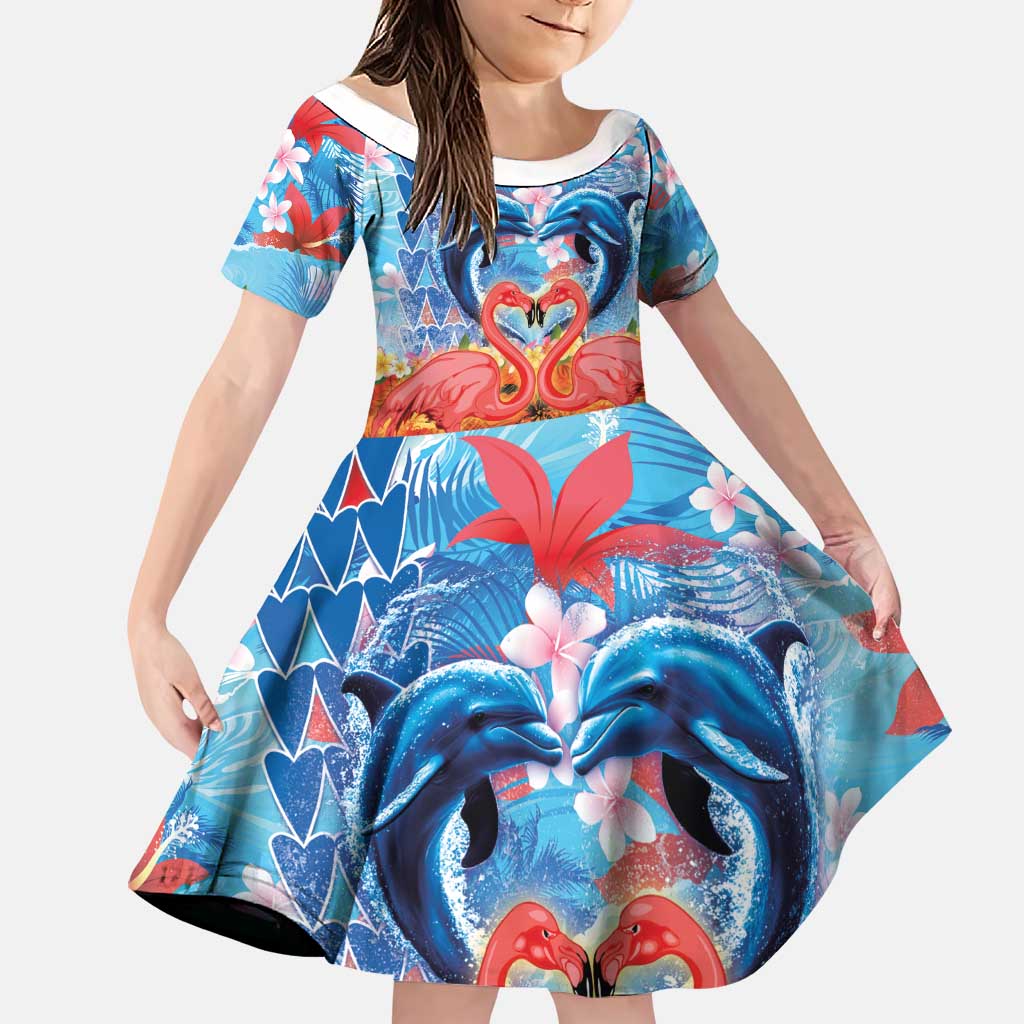 Hawaiian Love-Couple Dolphins and Flamingos Family Matching Off Shoulder Maxi Dress and Hawaiian Shirt LT03 Daughter's Dress Multicolor - Polynesian Pride