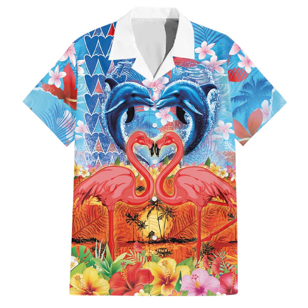 Hawaiian Love-Couple Dolphins and Flamingos Family Matching Off Shoulder Maxi Dress and Hawaiian Shirt LT03 Dad's Shirt - Short Sleeve Multicolor - Polynesian Pride