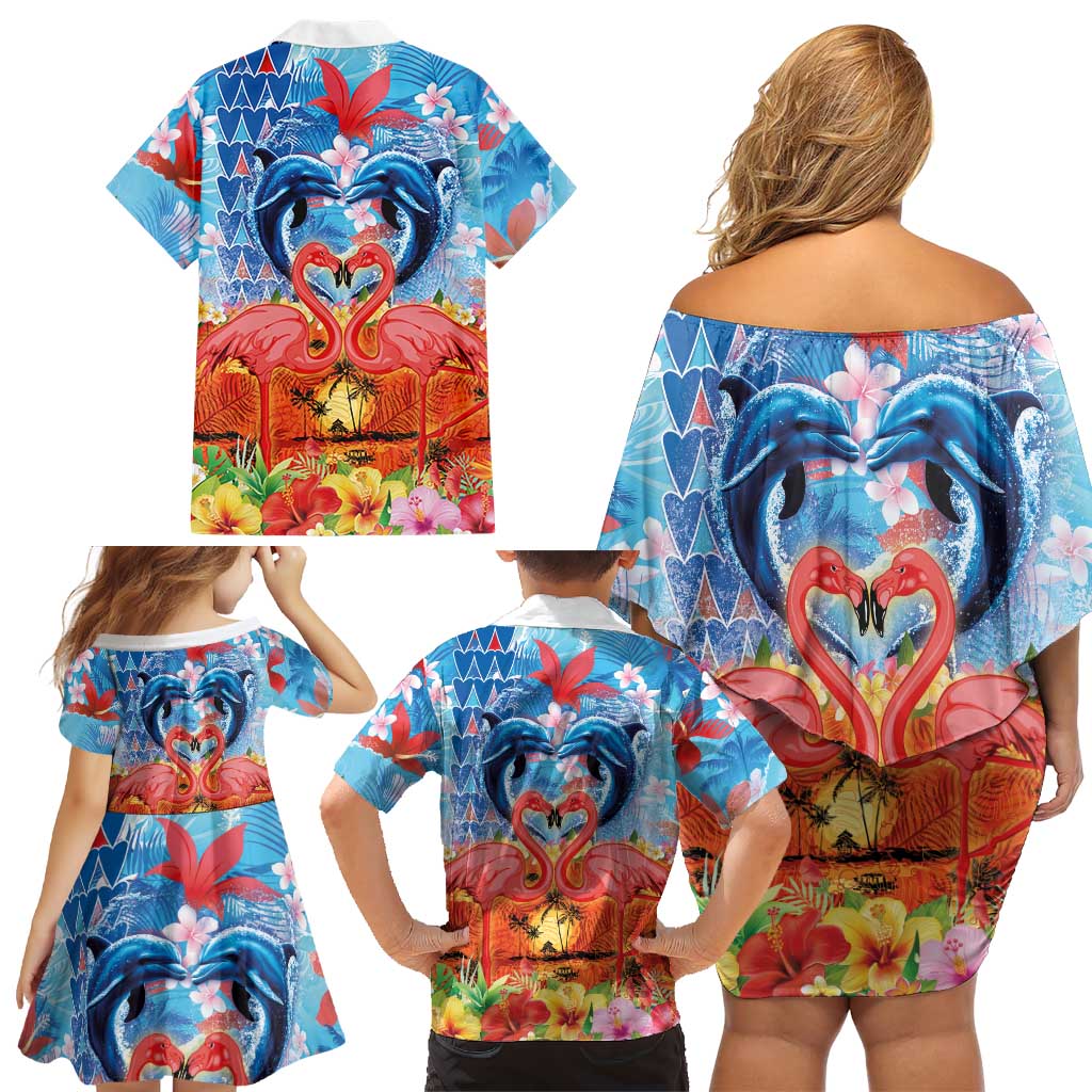 Hawaiian Love-Couple Dolphins and Flamingos Family Matching Off Shoulder Short Dress and Hawaiian Shirt LT03 - Polynesian Pride