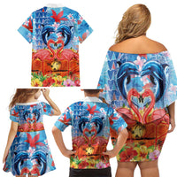 Hawaiian Love-Couple Dolphins and Flamingos Family Matching Off Shoulder Short Dress and Hawaiian Shirt LT03 - Polynesian Pride
