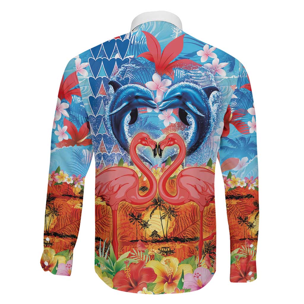 Hawaiian Love-Couple Dolphins and Flamingos Family Matching Off Shoulder Short Dress and Hawaiian Shirt LT03 - Polynesian Pride