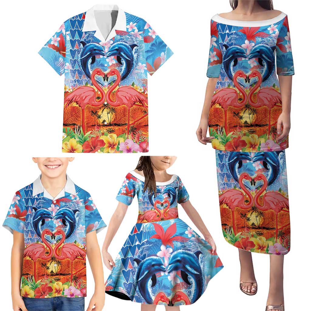 Hawaiian Love-Couple Dolphins and Flamingos Family Matching Puletasi and Hawaiian Shirt LT03 - Polynesian Pride
