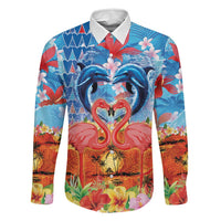 Hawaiian Love-Couple Dolphins and Flamingos Family Matching Puletasi and Hawaiian Shirt LT03 Dad's Shirt - Long Sleeve Multicolor - Polynesian Pride