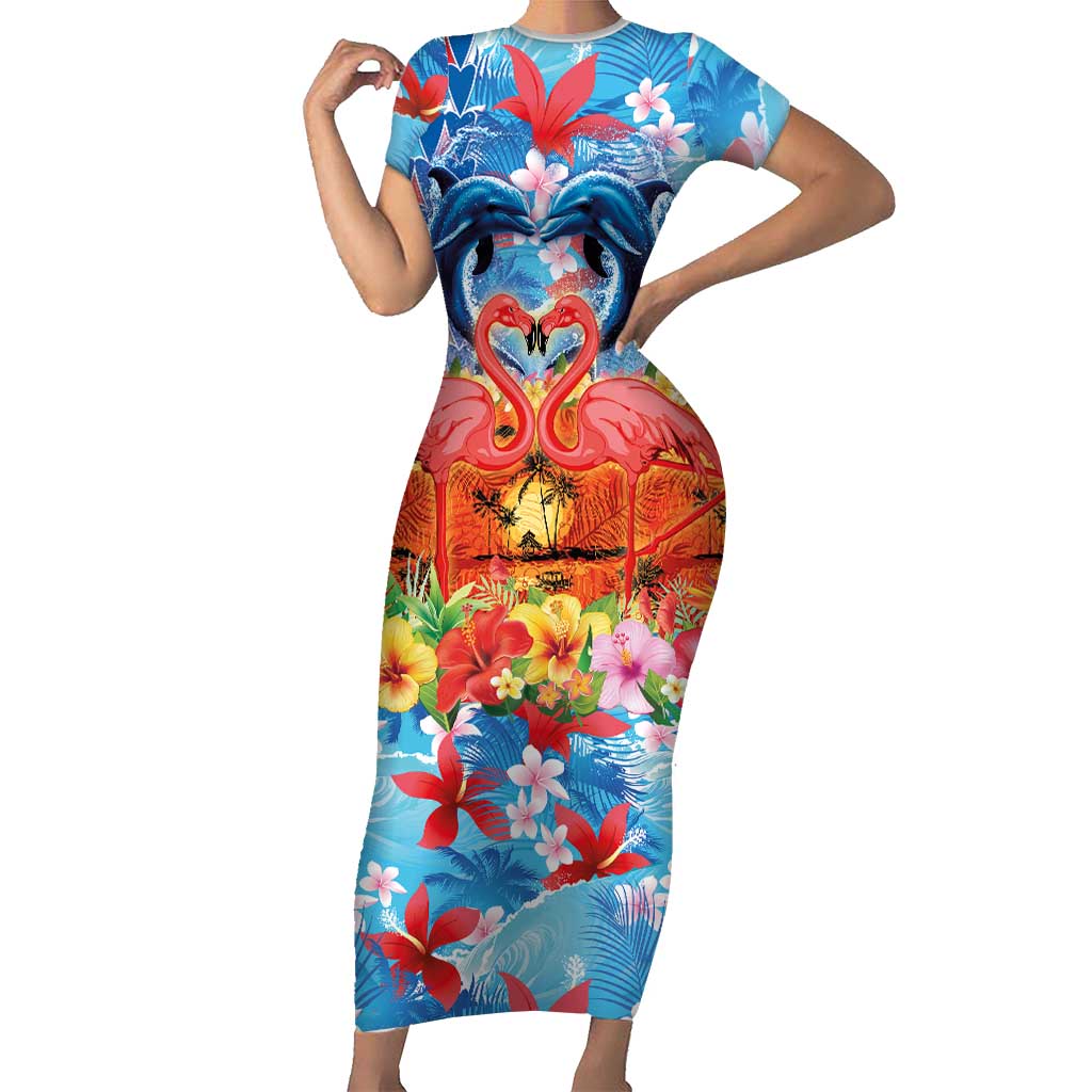 Hawaiian Love-Couple Dolphins and Flamingos Family Matching Short Sleeve Bodycon Dress and Hawaiian Shirt LT03 Mom's Dress Multicolor - Polynesian Pride