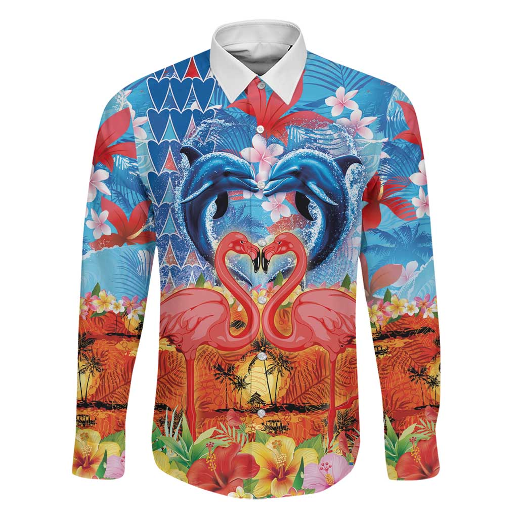 Hawaiian Love-Couple Dolphins and Flamingos Family Matching Tank Maxi Dress and Hawaiian Shirt LT03 Dad's Shirt - Long Sleeve Multicolor - Polynesian Pride