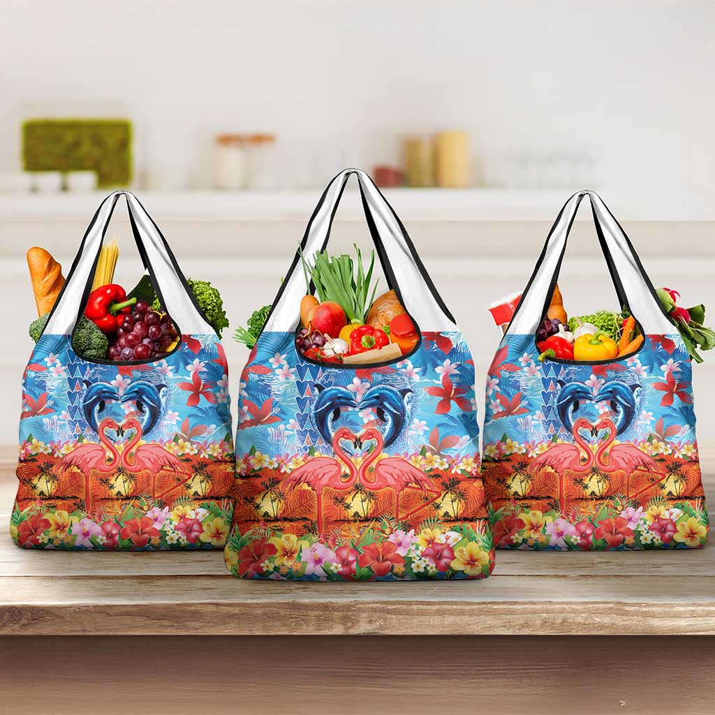 Hawaiian Love-Couple Dolphins and Flamingos Grocery Bag LT03 3-pack One Size Multicolor - Polynesian Pride
