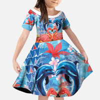 Hawaiian Love-Couple Dolphins and Flamingos Kid Short Sleeve Dress - Polynesian Pride