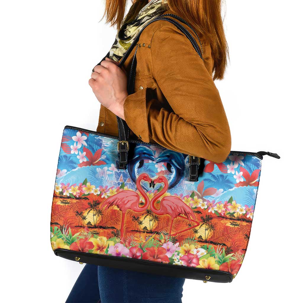 Hawaiian Love-Couple Dolphins and Flamingos Leather Tote Bag LT03 Multicolor - Polynesian Pride