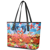 Hawaiian Love-Couple Dolphins and Flamingos Leather Tote Bag LT03 - Polynesian Pride