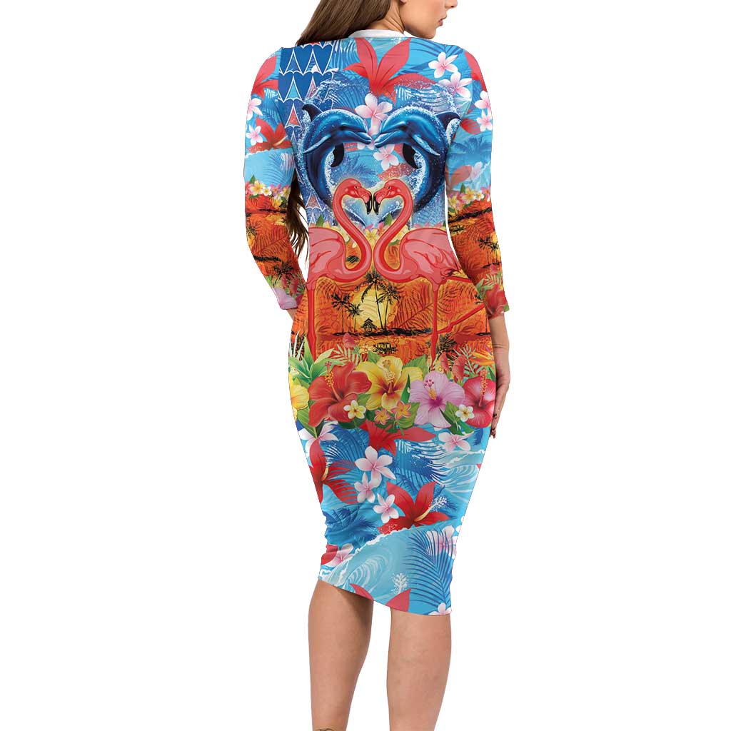 Hawaiian Love-Couple Dolphins and Flamingos Long Sleeve Bodycon Dress - Polynesian Pride