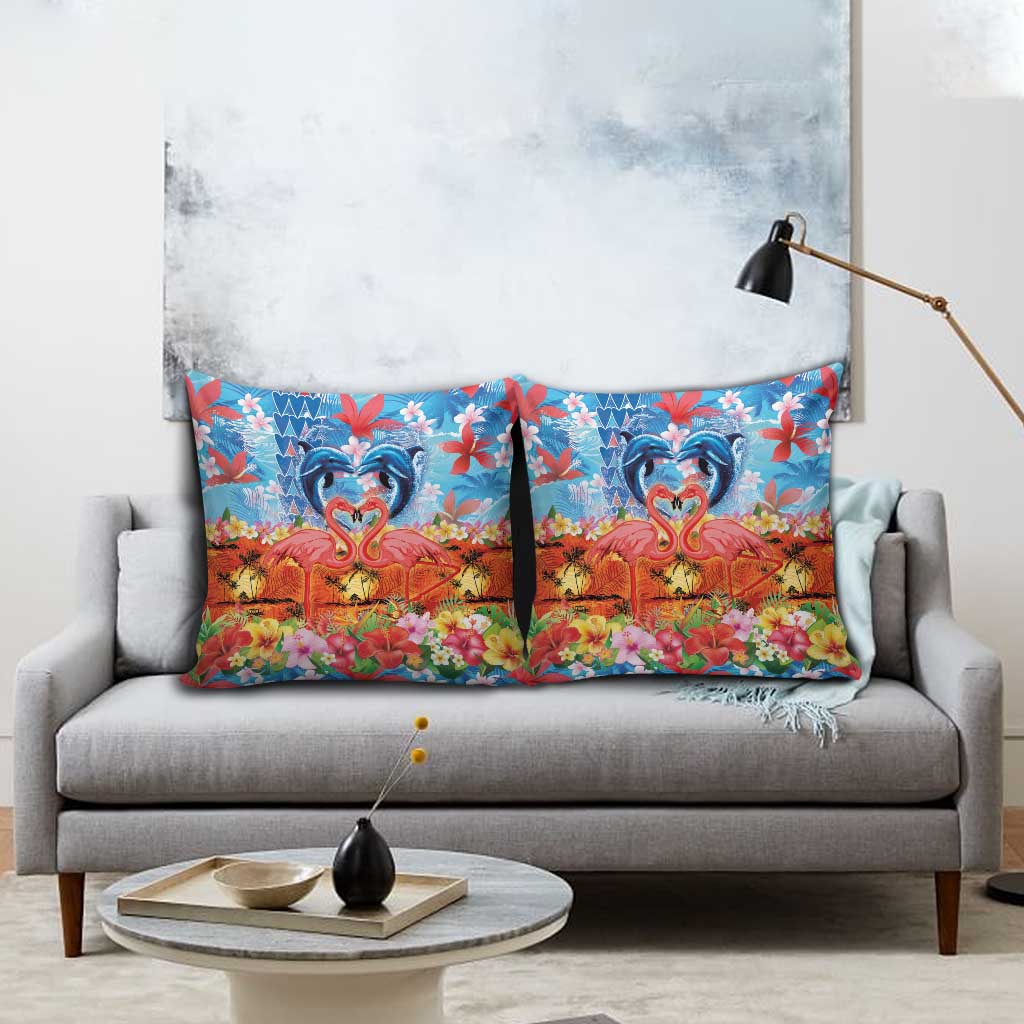 Hawaiian Love-Couple Dolphins and Flamingos Pillow Cover - Polynesian Pride