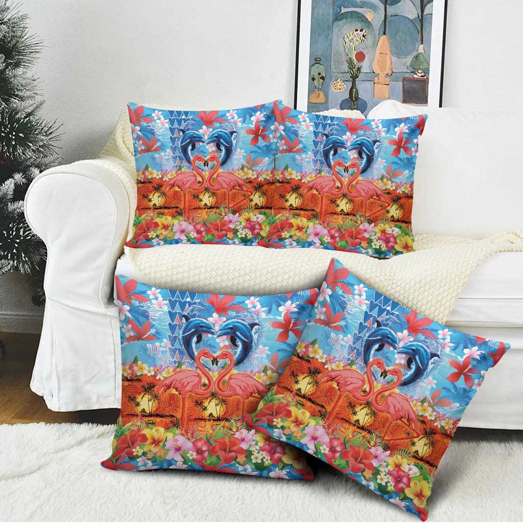 Hawaiian Love-Couple Dolphins and Flamingos Pillow Cover - Polynesian Pride