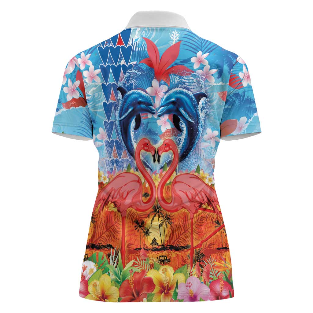 Hawaiian Love-Couple Dolphins and Flamingos Women Polo Shirt - Polynesian Pride