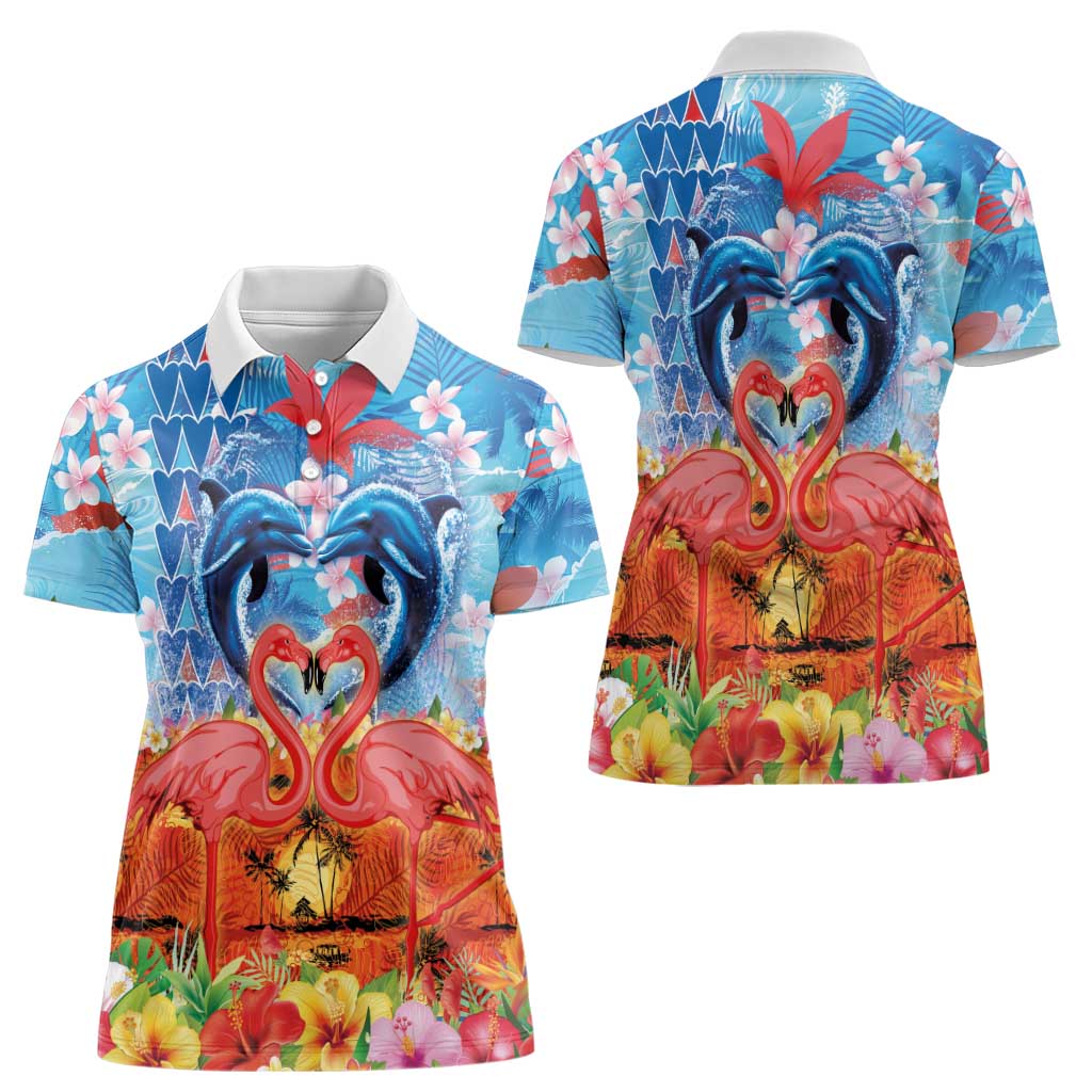 Hawaiian Love-Couple Dolphins and Flamingos Women Polo Shirt - Polynesian Pride