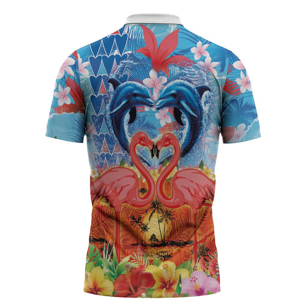 Hawaiian Love-Couple Dolphins and Flamingos Zipper Polo Shirt - Polynesian Pride