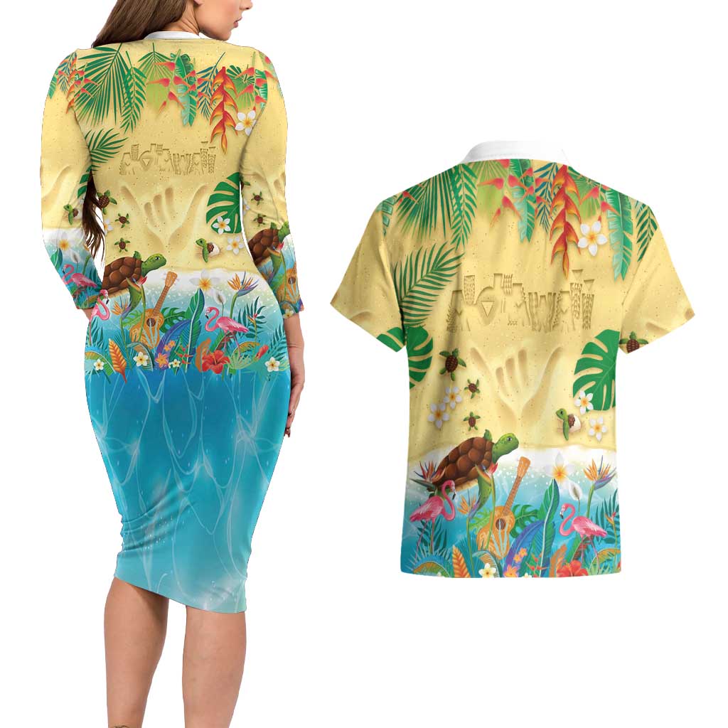 Hawaiian Alohawaii Couples Matching Long Sleeve Bodycon Dress and Hawaiian Shirt Tropical Plants and Animals on The Beach LT03 - Polynesian Pride
