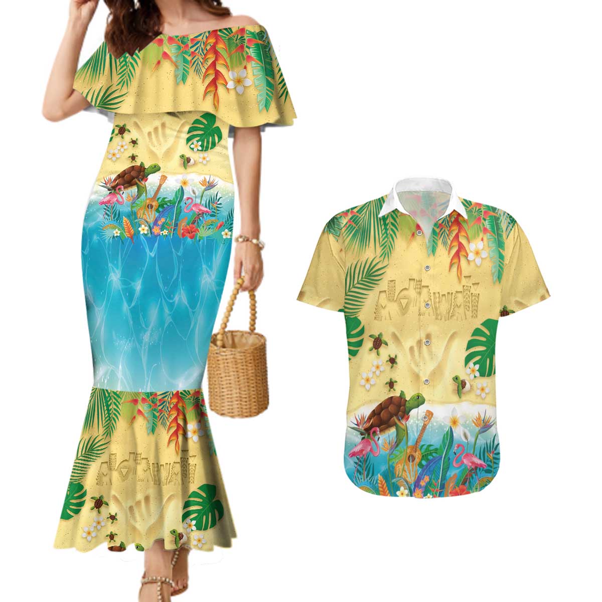Hawaiian Alohawaii Couples Matching Mermaid Dress and Hawaiian Shirt Tropical Plants and Animals on The Beach LT03 Multicolor - Polynesian Pride