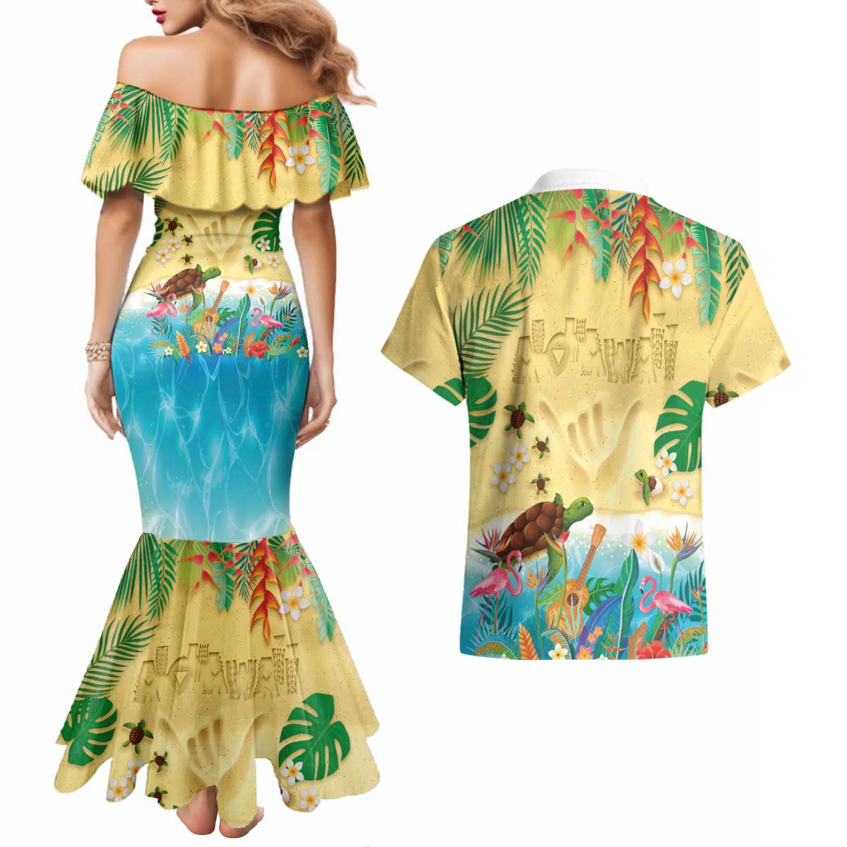 Hawaiian Alohawaii Couples Matching Mermaid Dress and Hawaiian Shirt Tropical Plants and Animals on The Beach LT03 - Polynesian Pride