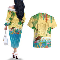 Hawaiian Alohawaii Couples Matching Off The Shoulder Long Sleeve Dress and Hawaiian Shirt Tropical Plants and Animals on The Beach LT03 - Polynesian Pride