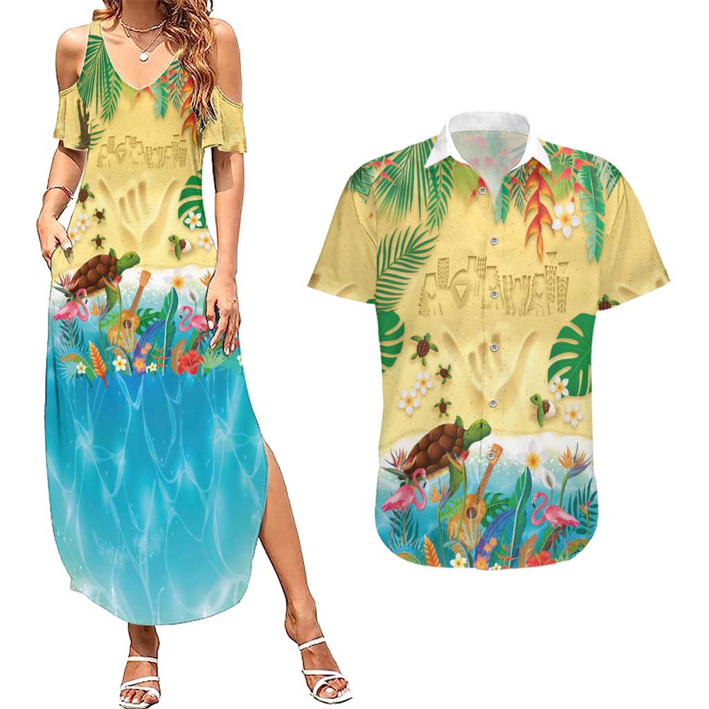 Hawaiian Alohawaii Couples Matching Summer Maxi Dress and Hawaiian Shirt Tropical Plants and Animals on The Beach - Polynesian Pride