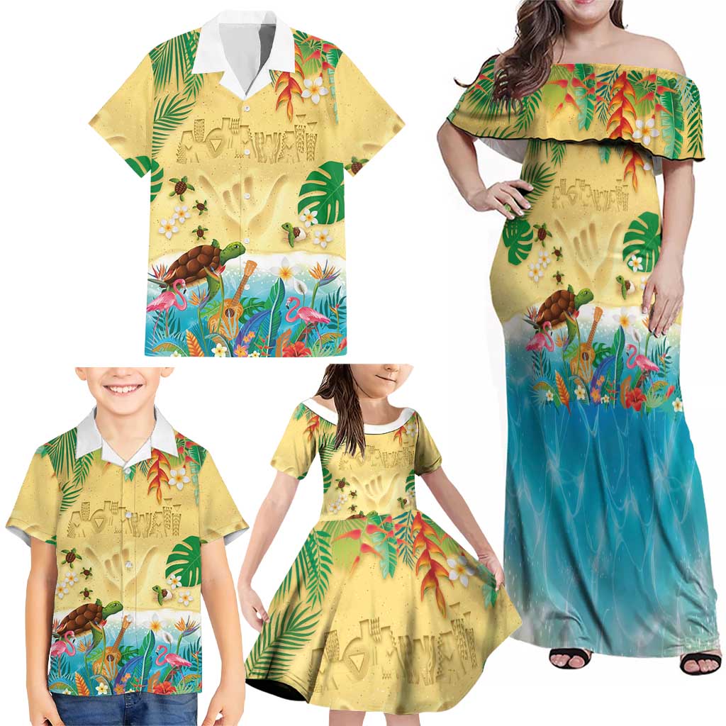 Hawaiian Alohawaii Family Matching Off Shoulder Maxi Dress and Hawaiian Shirt Tropical Plants and Animals on The Beach - Polynesian Pride