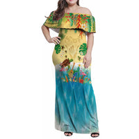 Hawaiian Alohawaii Family Matching Off Shoulder Maxi Dress and Hawaiian Shirt Tropical Plants and Animals on The Beach LT03 Mom's Dress Multicolor - Polynesian Pride